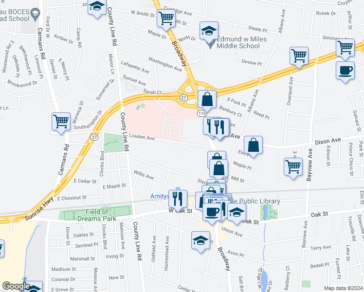 map of restaurants, bars, coffee shops, grocery stores, and more near 63 Barbara Court in Amityville