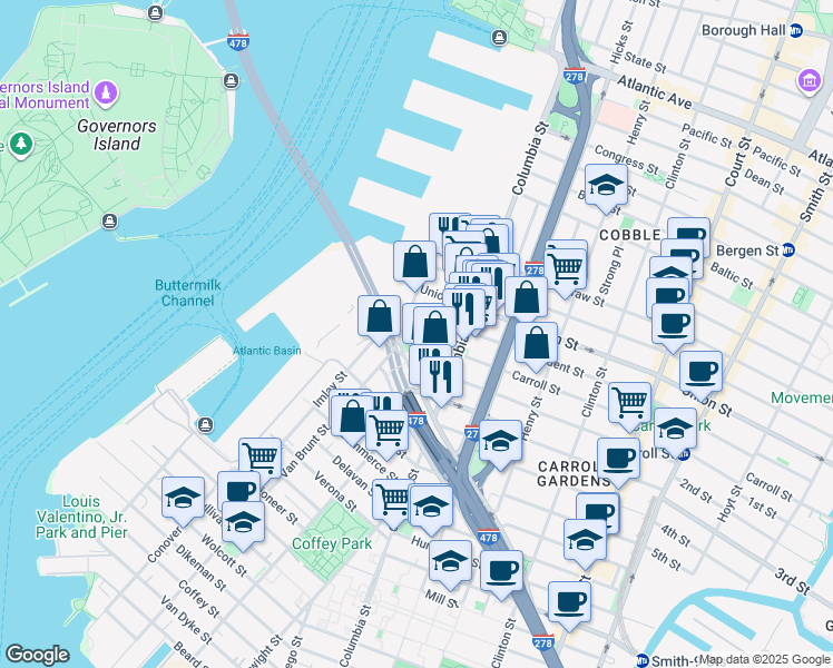 map of restaurants, bars, coffee shops, grocery stores, and more near 100 Hamilton Avenue in Brooklyn
