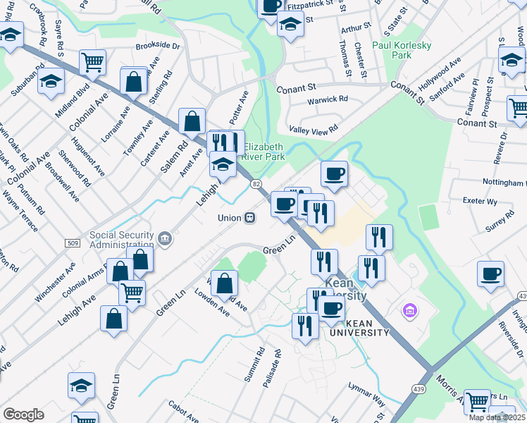 map of restaurants, bars, coffee shops, grocery stores, and more near in Union