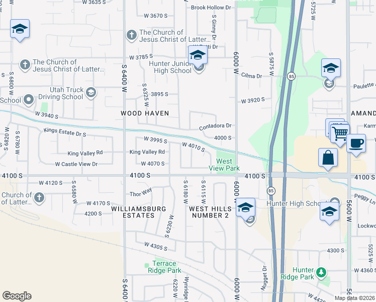map of restaurants, bars, coffee shops, grocery stores, and more near 4053 Powder Ridge Drive in West Valley City