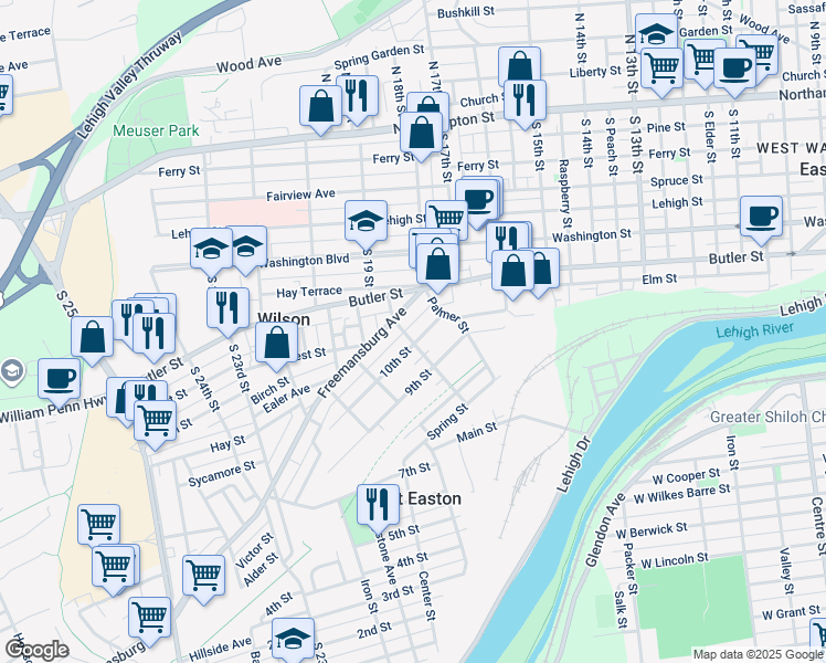 map of restaurants, bars, coffee shops, grocery stores, and more near 1007 Ridge Street in West Easton