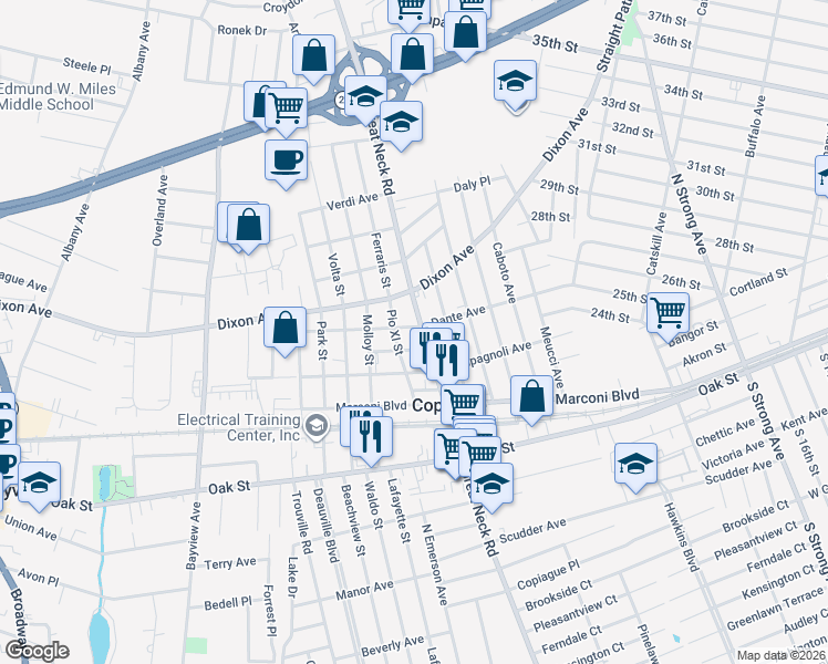 map of restaurants, bars, coffee shops, grocery stores, and more near 2095 Great Neck Road in Copiague