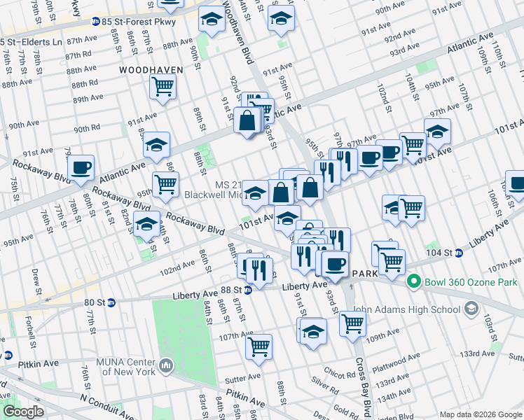 map of restaurants, bars, coffee shops, grocery stores, and more near 90-14 101st Avenue in Queens