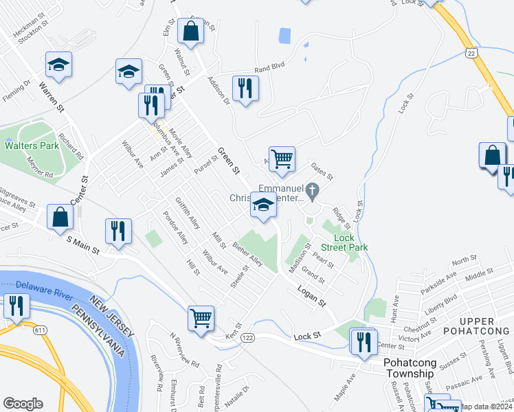 map of restaurants, bars, coffee shops, grocery stores, and more near 478 Congress Street in Phillipsburg