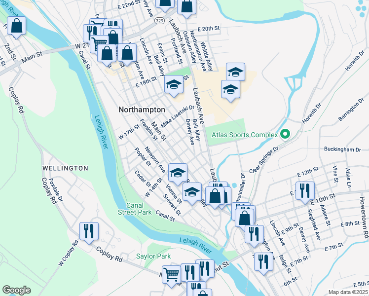map of restaurants, bars, coffee shops, grocery stores, and more near 1440 Washington Avenue in Northampton