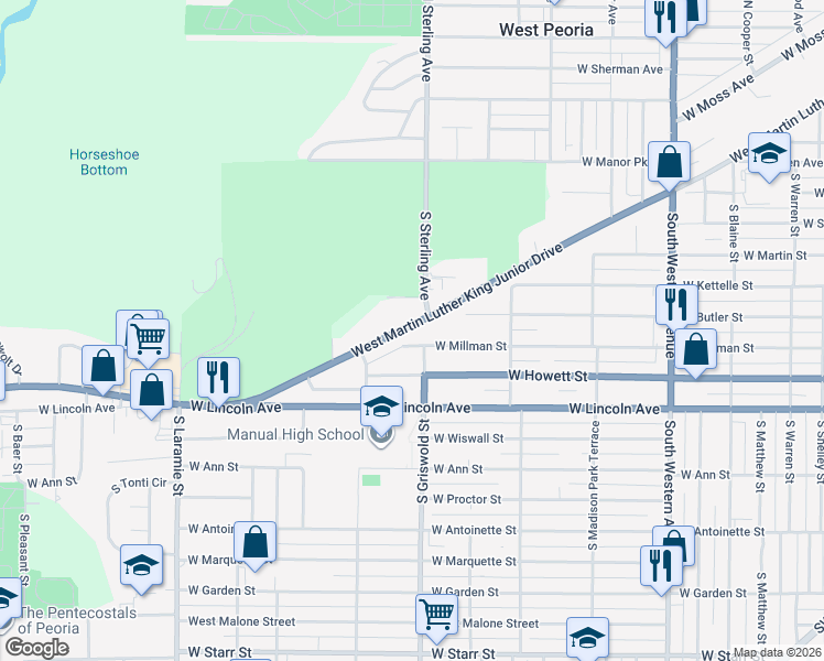 map of restaurants, bars, coffee shops, grocery stores, and more near 2424 West Millman Street in Peoria