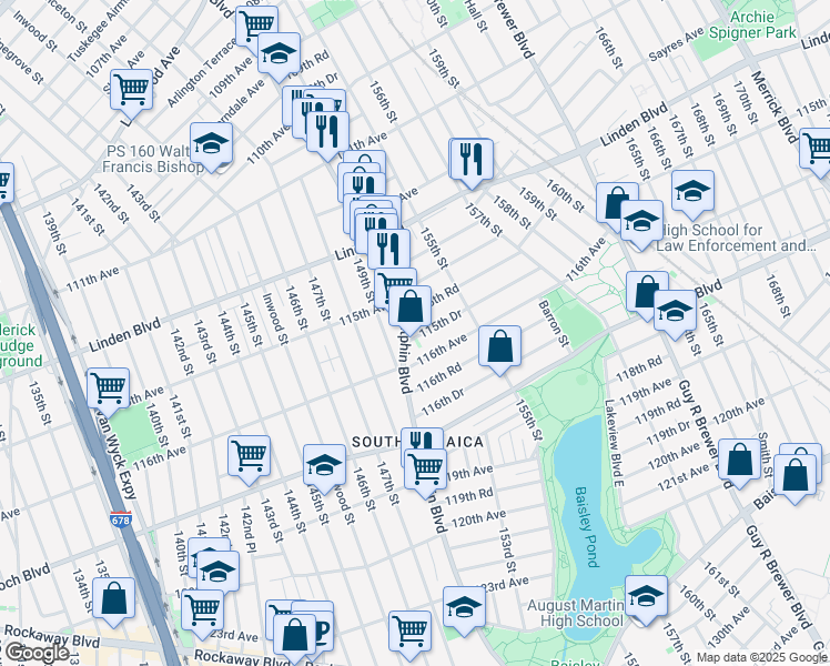map of restaurants, bars, coffee shops, grocery stores, and more near 115-45 Sutphin Boulevard in Queens