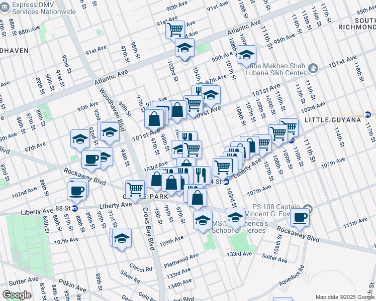 map of restaurants, bars, coffee shops, grocery stores, and more near 103-20 101st Street in Queens