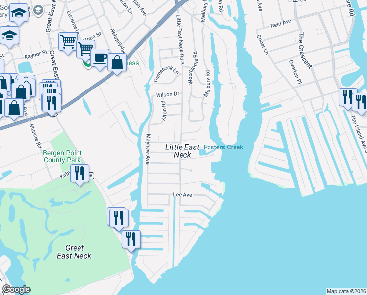 map of restaurants, bars, coffee shops, grocery stores, and more near 5 Kittiwake Lane in Babylon