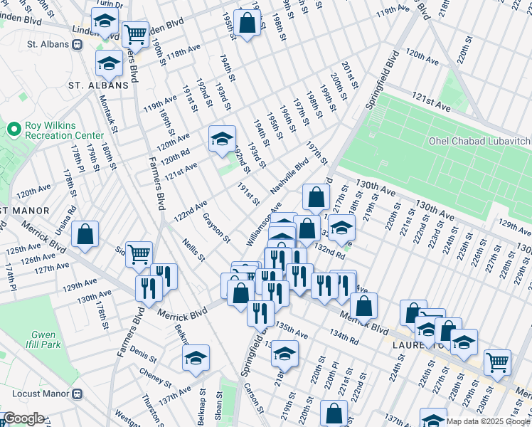 map of restaurants, bars, coffee shops, grocery stores, and more near 124-25 Lucas Street in Queens