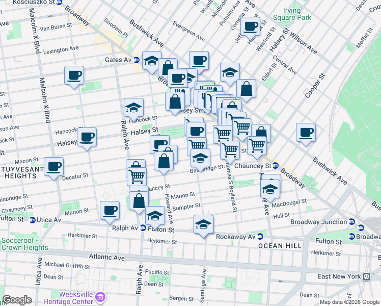 map of restaurants, bars, coffee shops, grocery stores, and more near 105 Saratoga Avenue in Brooklyn