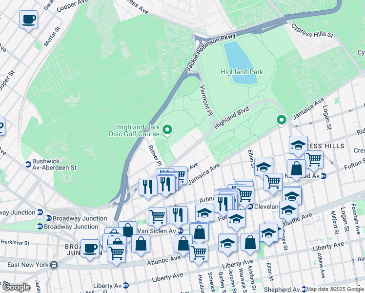 map of restaurants, bars, coffee shops, grocery stores, and more near 303 Highland Boulevard in Brooklyn