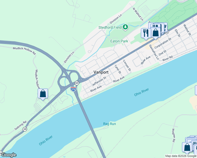 map of restaurants, bars, coffee shops, grocery stores, and more near 129 Vine Street in Beaver
