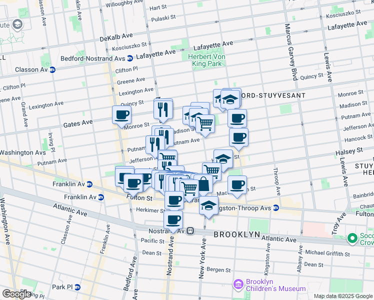 map of restaurants, bars, coffee shops, grocery stores, and more near 187 Hancock Street in Brooklyn