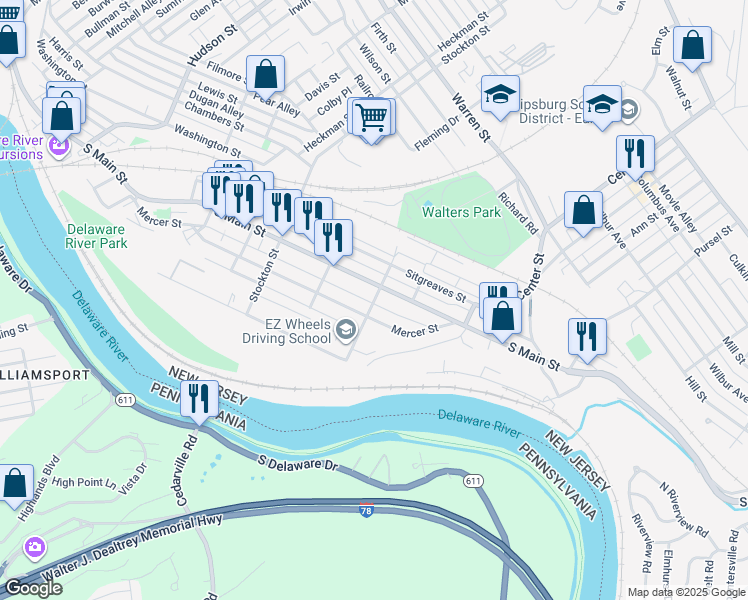 map of restaurants, bars, coffee shops, grocery stores, and more near 323 Mercer Street in Phillipsburg