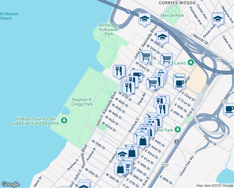 map of restaurants, bars, coffee shops, grocery stores, and more near 1074 John F. Kennedy Boulevard in Bayonne