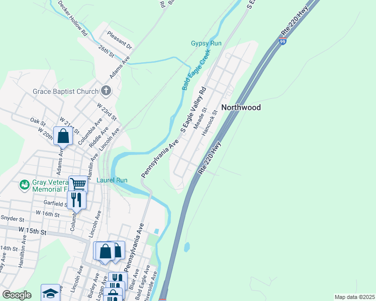 map of restaurants, bars, coffee shops, grocery stores, and more near 205-299 McCoy St in Tyrone