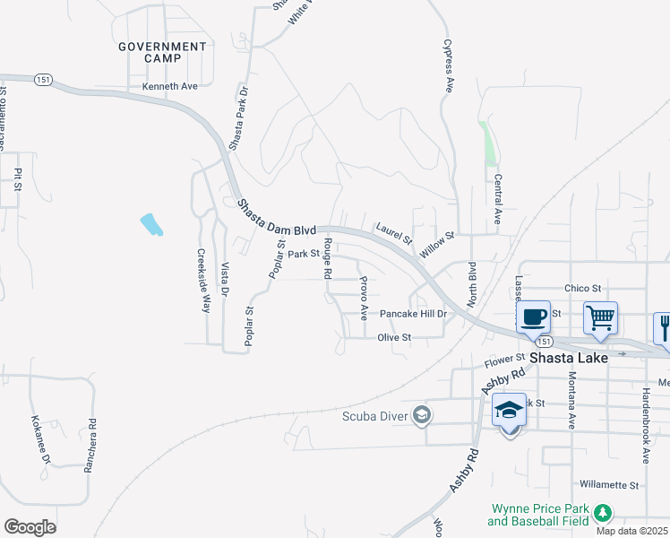 map of restaurants, bars, coffee shops, grocery stores, and more near 1325 Rouge Road in Shasta Lake