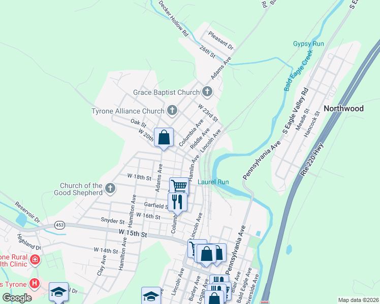 map of restaurants, bars, coffee shops, grocery stores, and more near 317 Oak Street in Tyrone