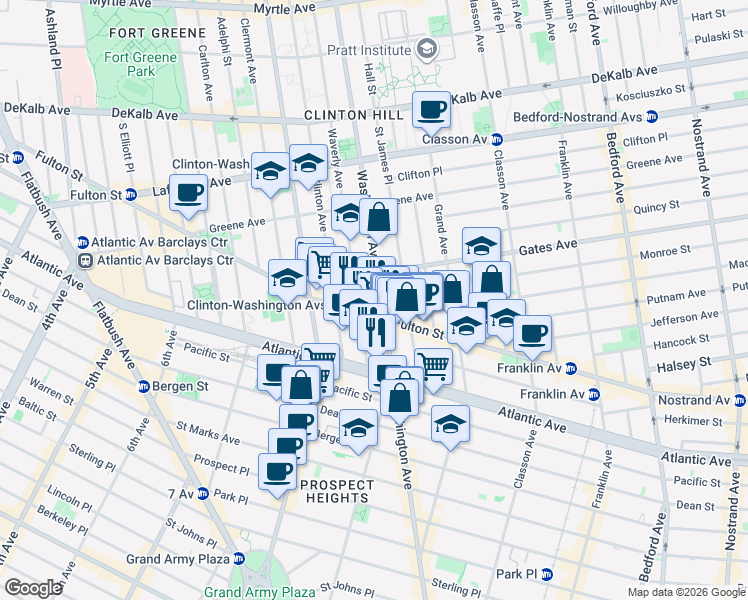 map of restaurants, bars, coffee shops, grocery stores, and more near 510 Washington Avenue in Brooklyn