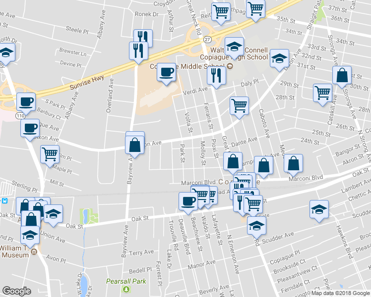 map of restaurants, bars, coffee shops, grocery stores, and more near 181 Dante Avenue in Copiague