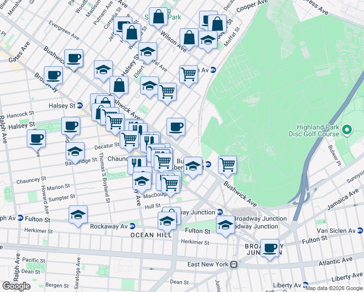 map of restaurants, bars, coffee shops, grocery stores, and more near 1471 Bushwick Avenue in Brooklyn