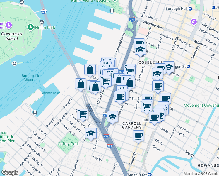 map of restaurants, bars, coffee shops, grocery stores, and more near 107 President Street in Brooklyn