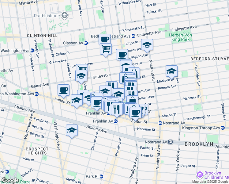 map of restaurants, bars, coffee shops, grocery stores, and more near 443 Franklin Avenue in Brooklyn