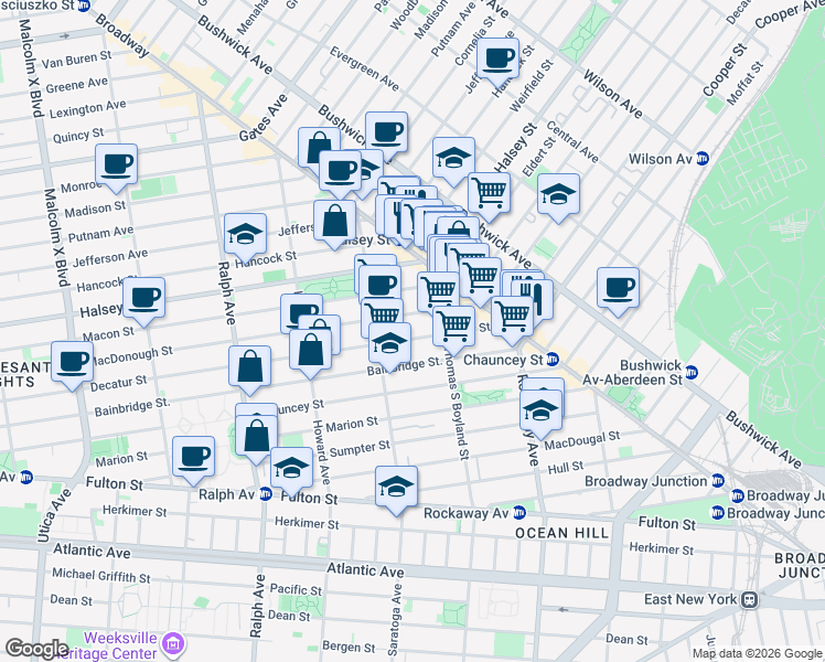 map of restaurants, bars, coffee shops, grocery stores, and more near 537 Bainbridge Street in Brooklyn
