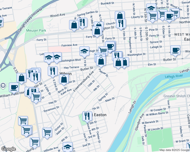 map of restaurants, bars, coffee shops, grocery stores, and more near 1009 Ridge Street in Easton