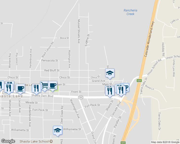 map of restaurants, bars, coffee shops, grocery stores, and more near 5000 Red Bluff Street in Shasta Lake