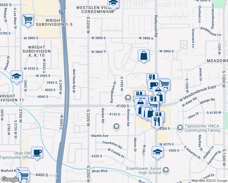 map of restaurants, bars, coffee shops, grocery stores, and more near 4033 Burningham Drive in West Valley City