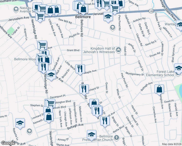 map of restaurants, bars, coffee shops, grocery stores, and more near 1551 Scriven Avenue in North Bellmore