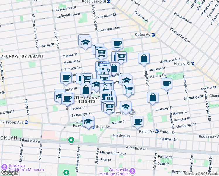 map of restaurants, bars, coffee shops, grocery stores, and more near 571 Macon Street in Brooklyn