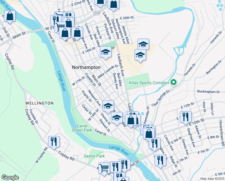 map of restaurants, bars, coffee shops, grocery stores, and more near 1442 Washington Avenue in Northampton