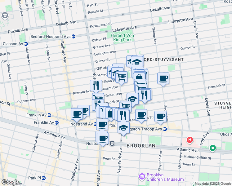 map of restaurants, bars, coffee shops, grocery stores, and more near 231 Hancock Street in Brooklyn
