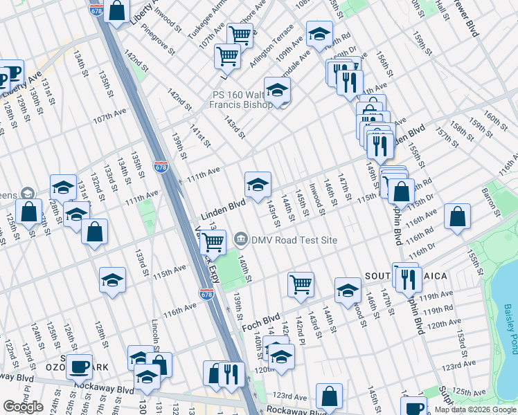 map of restaurants, bars, coffee shops, grocery stores, and more near 114-36 142nd Street in Queens
