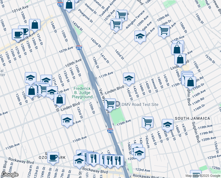 map of restaurants, bars, coffee shops, grocery stores, and more near 138-14 Linden Boulevard in Queens