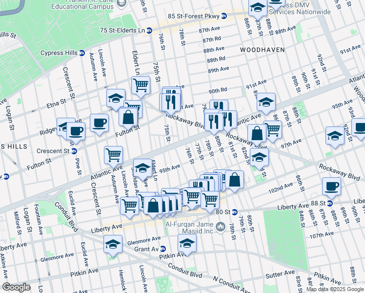 map of restaurants, bars, coffee shops, grocery stores, and more near 75-21 95th Avenue in Queens