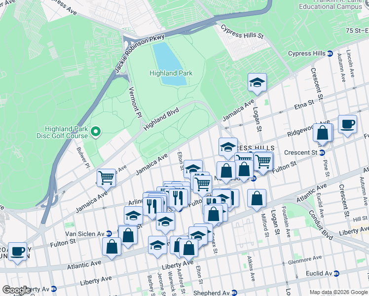 map of restaurants, bars, coffee shops, grocery stores, and more near 95 Ridgewood Avenue in Brooklyn