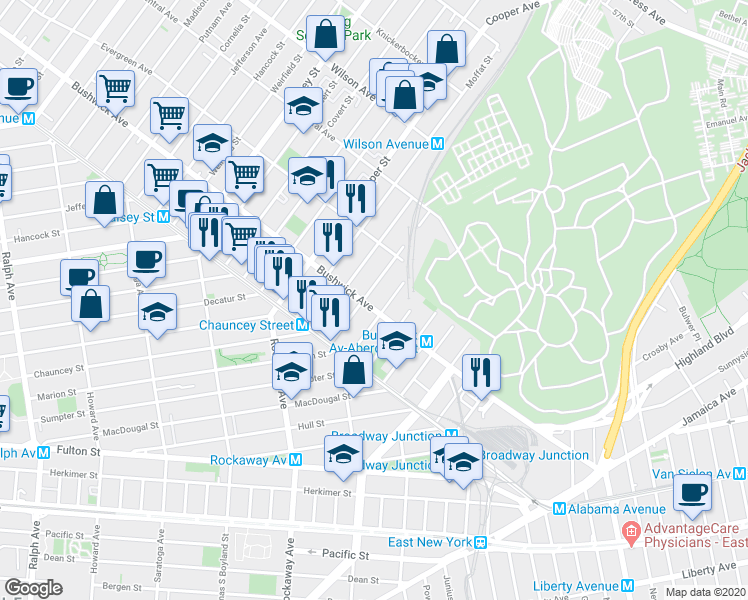 map of restaurants, bars, coffee shops, grocery stores, and more near 1469 Bushwick Avenue in Brooklyn