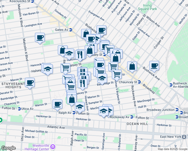 map of restaurants, bars, coffee shops, grocery stores, and more near 606 Decatur Street in Brooklyn
