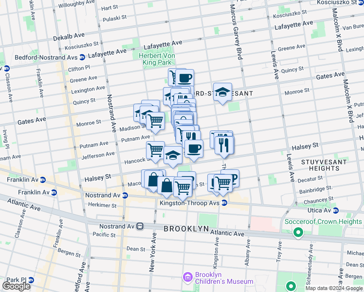 map of restaurants, bars, coffee shops, grocery stores, and more near 414 Tompkins Avenue in Brooklyn