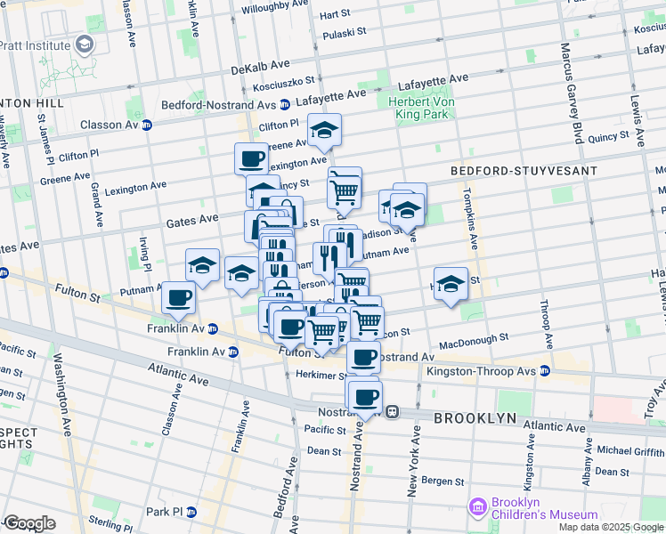 map of restaurants, bars, coffee shops, grocery stores, and more near 156 Jefferson Avenue in Brooklyn