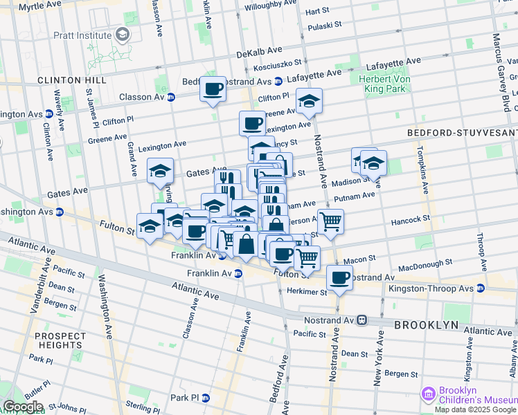 map of restaurants, bars, coffee shops, grocery stores, and more near 1184 Bedford Avenue in Brooklyn