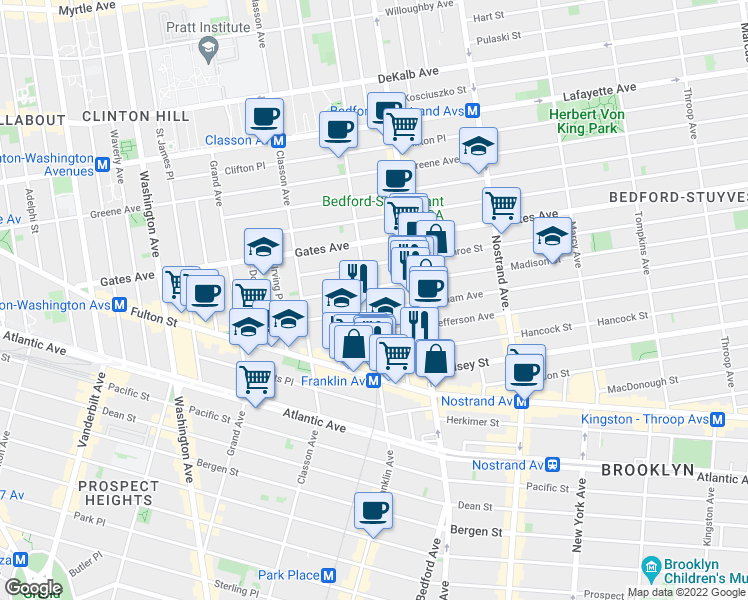 map of restaurants, bars, coffee shops, grocery stores, and more near 463 Franklin Avenue in Brooklyn