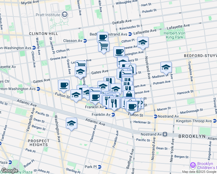 map of restaurants, bars, coffee shops, grocery stores, and more near 463 Franklin Avenue in Brooklyn