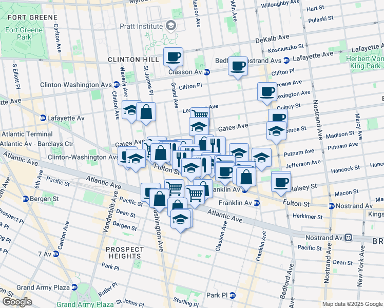 map of restaurants, bars, coffee shops, grocery stores, and more near 43 Putnam Avenue in Brooklyn