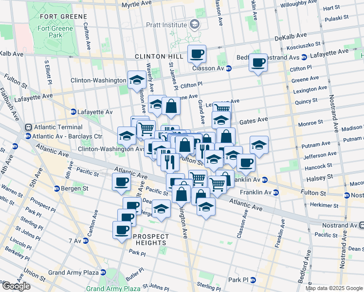 map of restaurants, bars, coffee shops, grocery stores, and more near 983 Fulton Street in Brooklyn