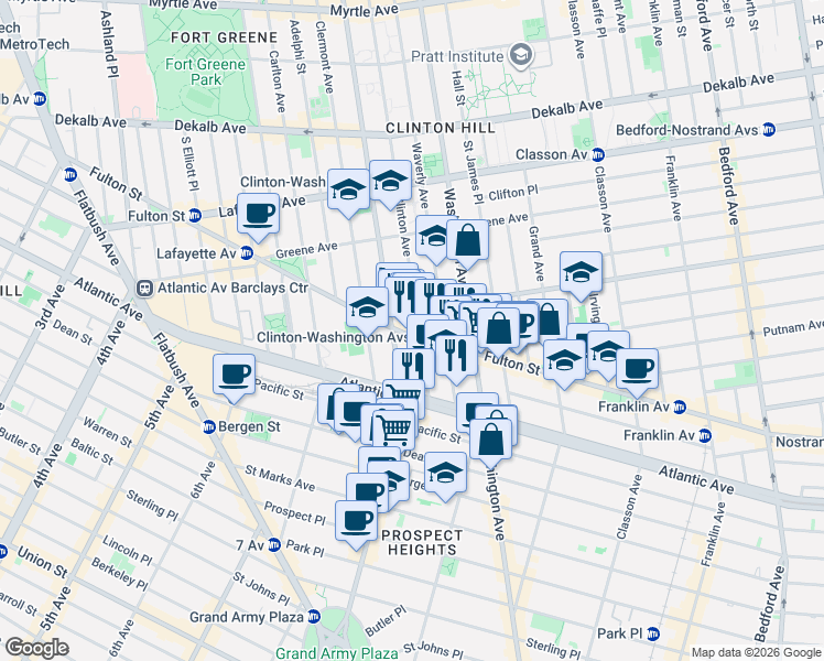 map of restaurants, bars, coffee shops, grocery stores, and more near 864 Fulton Street in Brooklyn